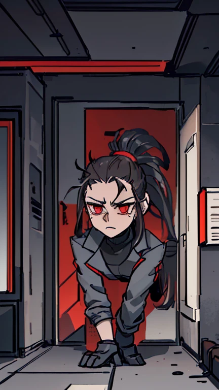 (detailed), (((normal guy))), (Arabic characteristics), ((gray wool jacket)), ((pelo negro rizado Ponytail hairstyle)), ((Ponytail hairstyle)), (calm face), ((by the width)), ((Brown boots)), (((whole body))), ((In a cyberpunk room)), ((male)), (gray turtleneck sweater), ((only one person)), (at night), terror, ((Bright red eyes)), In the dark, red robot hands