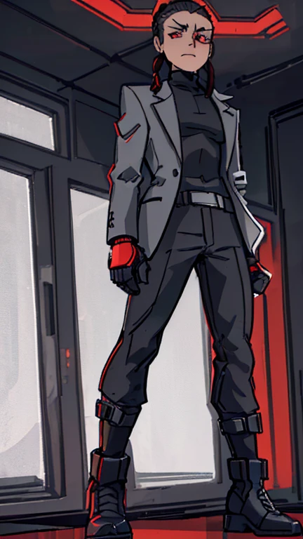 (detailed), (((normal guy))), (Arabic characteristics), ((gray wool jacket)), ((pelo negro rizado Ponytail hairstyle)), ((Ponytail hairstyle)), (calm face), ((by the width)), ((Brown boots)), (((whole body))), ((In a cyberpunk room)), ((male)), (gray turtleneck sweater), ((only one person)), (at night), terror, ((Bright red eyes)), In the dark, red robot hands