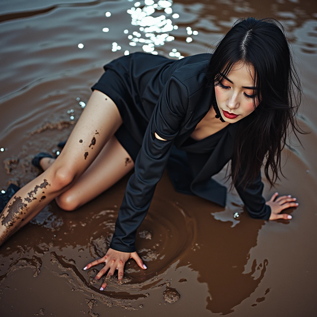 A super realistic photo of one slender business goth lady, model-like appearance with long hair. She is dressed in a long and black and ripped  business pencil skirt made from cotton fabric, black and muddy and torn business jacket made from cotton and wool fabric. black business vest, white muddy shirt, stockings, black choker on the neck. She located in very muddy and very flooded office. She sitting in flirtatious and modest pose, deep in the water and liquid mud, dips her head in the liquid mud and ripped her clothes, smear a lot of liquid mud on own clothes and torn it by hand. She keep  chunks of her torn  clothes in hands crumpled and muddy.  All her clothes is muddy, torn, ripped and sloppy, her black business pencil skirt and jacket are very stained in a liquid mud and dirt. She look like have played in mud in a large swamp with brown liquid mud, her clothes covered with liquid mud from head to toe. The studio light brilliantly illuminates all her clothes in details, casting small shadows and emphasizing the texture of the mud on her clothes. Please focus on stains of liquid mud on her clothes. View angle of the camera from top and left from the business lady.