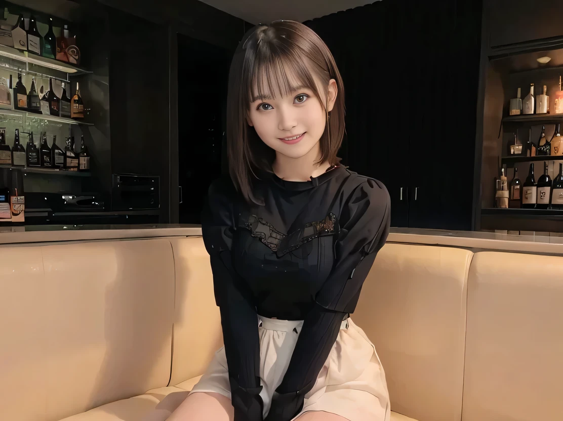 ((Dark interior with eye-catching neon lights、Large windows、Alcohol is displayed、Dark Room:1))、8K,(Photorealistic)、(Ultra-high realism)、(Ultra-high resolution)、(Ultra-high resolution)、((Cute Smile)) (、Very cute face, )、(Smooth Skin、Realistic texture)、Realistic eyes)、(Brown Hair、Moisturized hair、Shiny beautiful hair、Short Bob、Hair behind the ear、Very fine hair)、Beautiful breasts、Beautiful breasts cleavage、Narrow waist、narrow、BIG ASS、(Black short sleeve lace top、micro mini)((Neon tube background))、bar counter、Sitting on the couch、Lift your legs(Erotic and bold gravure poses))、((Full body shot up to the ankles))、(idol)、