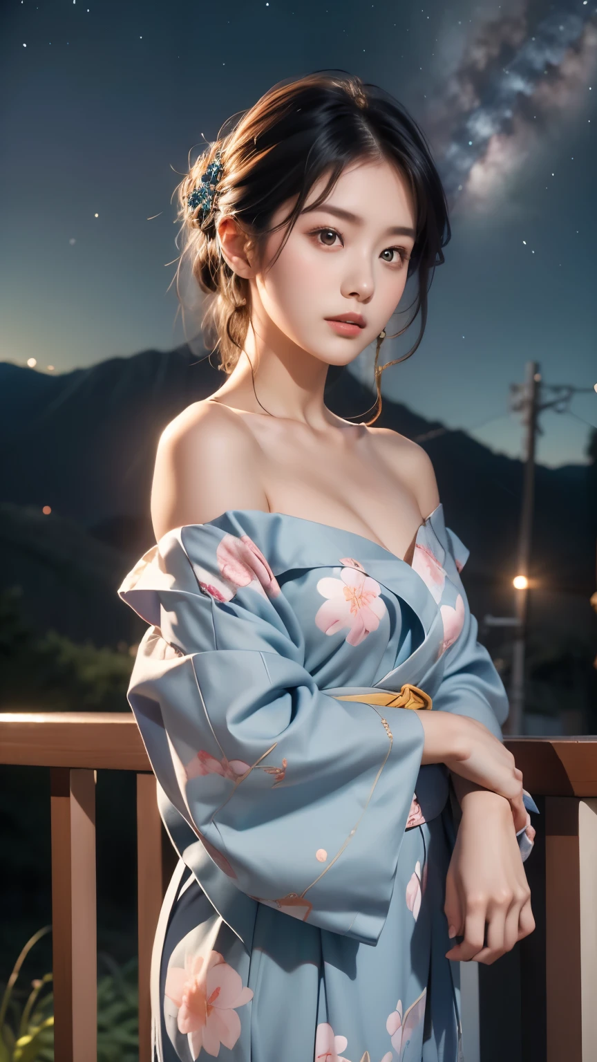 Scenery photography、wallpaper、Starry Sky、Shooting Star Road、Yukata girl、Off-shoulder