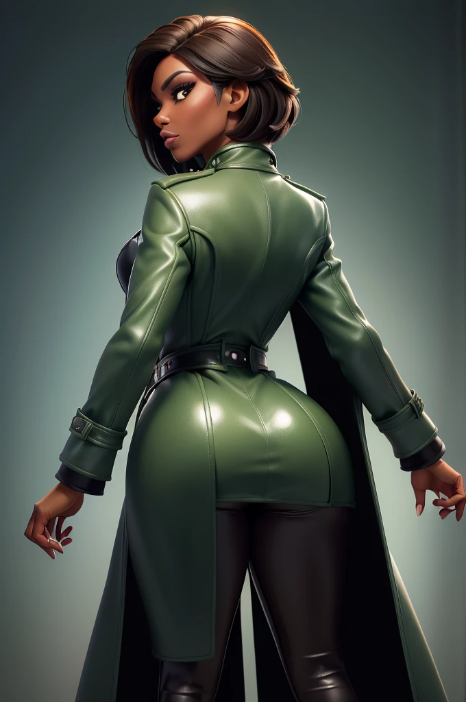 obra prima, melhor qualidade, ((only one woman,)) ((harris faulkner, dark black skin, short brown bob hair, heavy makeup eye shadow)) (((wearing shiny light green leather long overcoat,))) (((overcoat is zipped up, overcoat covers waist and ass,))) ((overcoat has padded shoulders,)) ((overcoat has stiff high collar,)) body is very skinny, ((standing up, arched back, sexy pose,)) (((camera back view, view of high upper body, glossy ass,))) shallow depth of field, highres, HD, 8k, anatomically correct