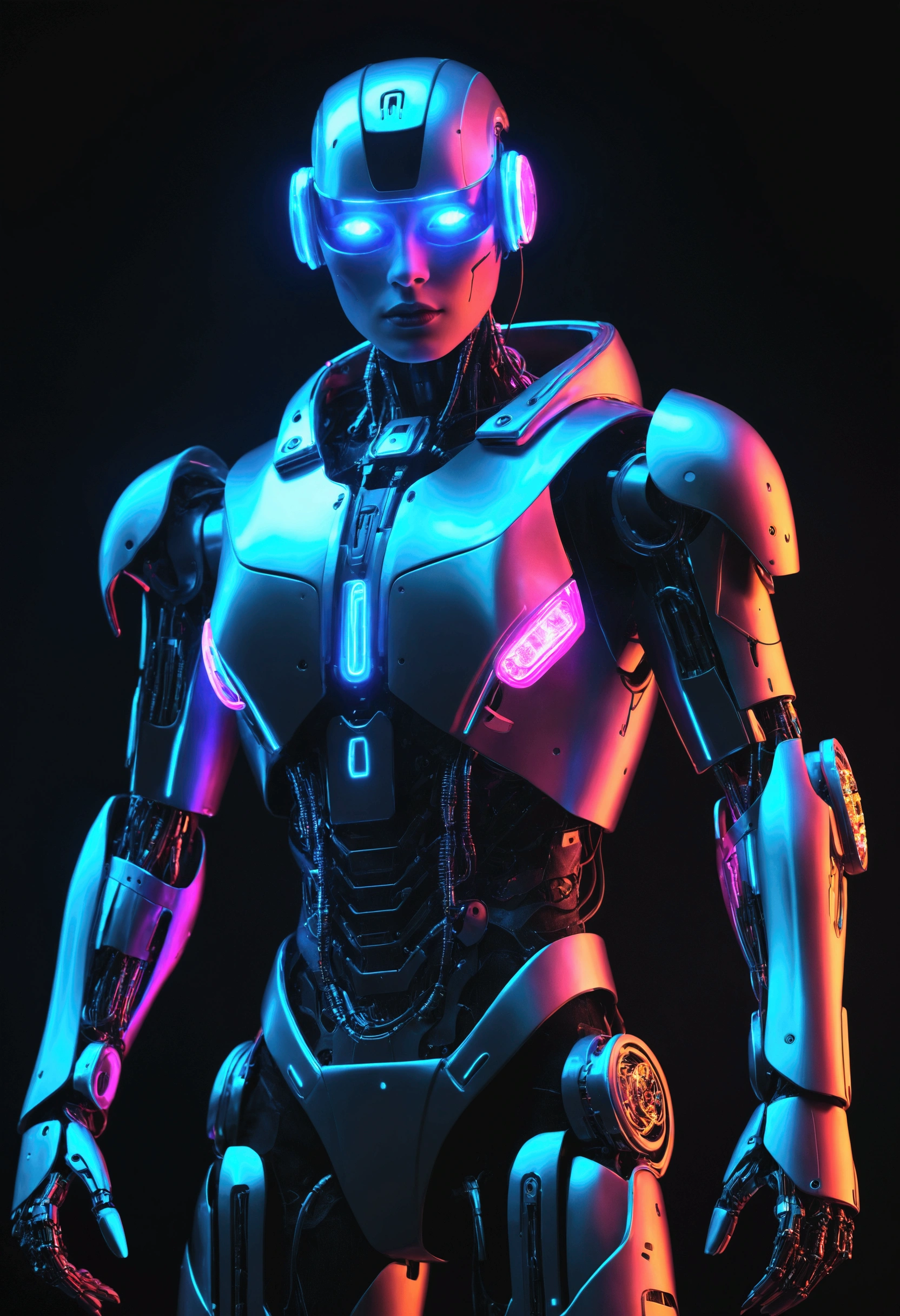 Create an image of a cyberpunk style robot with neon lights all over the body and LED screens, lighting effects, Neon colors, HD, party style