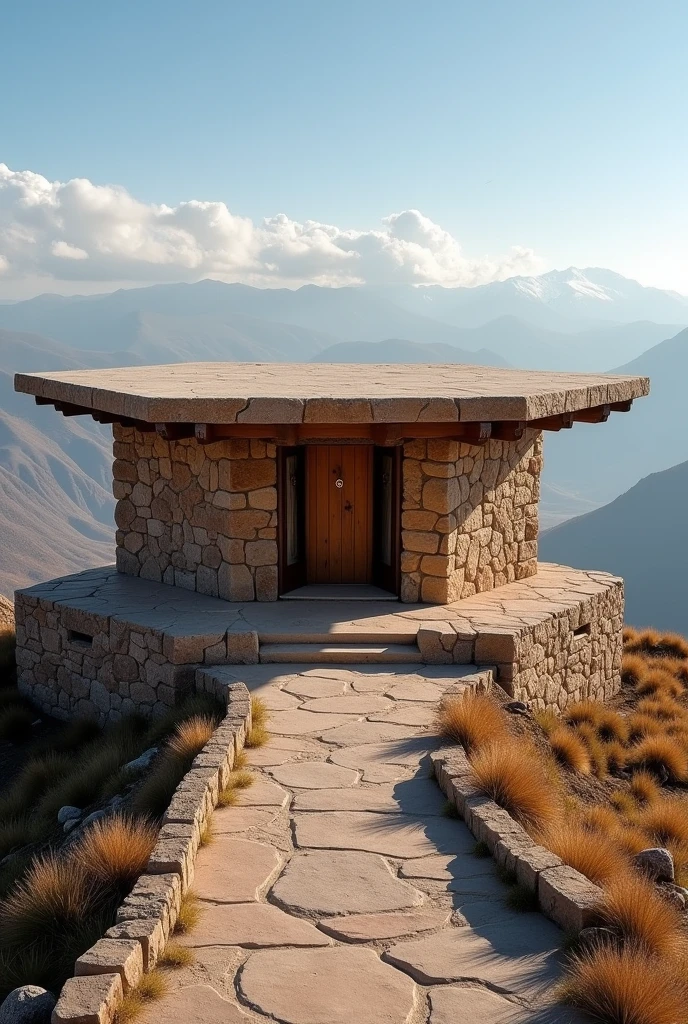 Simple open-air viewing point that is not like a house that is without walls on a summit with traditional architecture of wood carvings that also uses stone that is from Samaipata Bolivia that the roof is flat