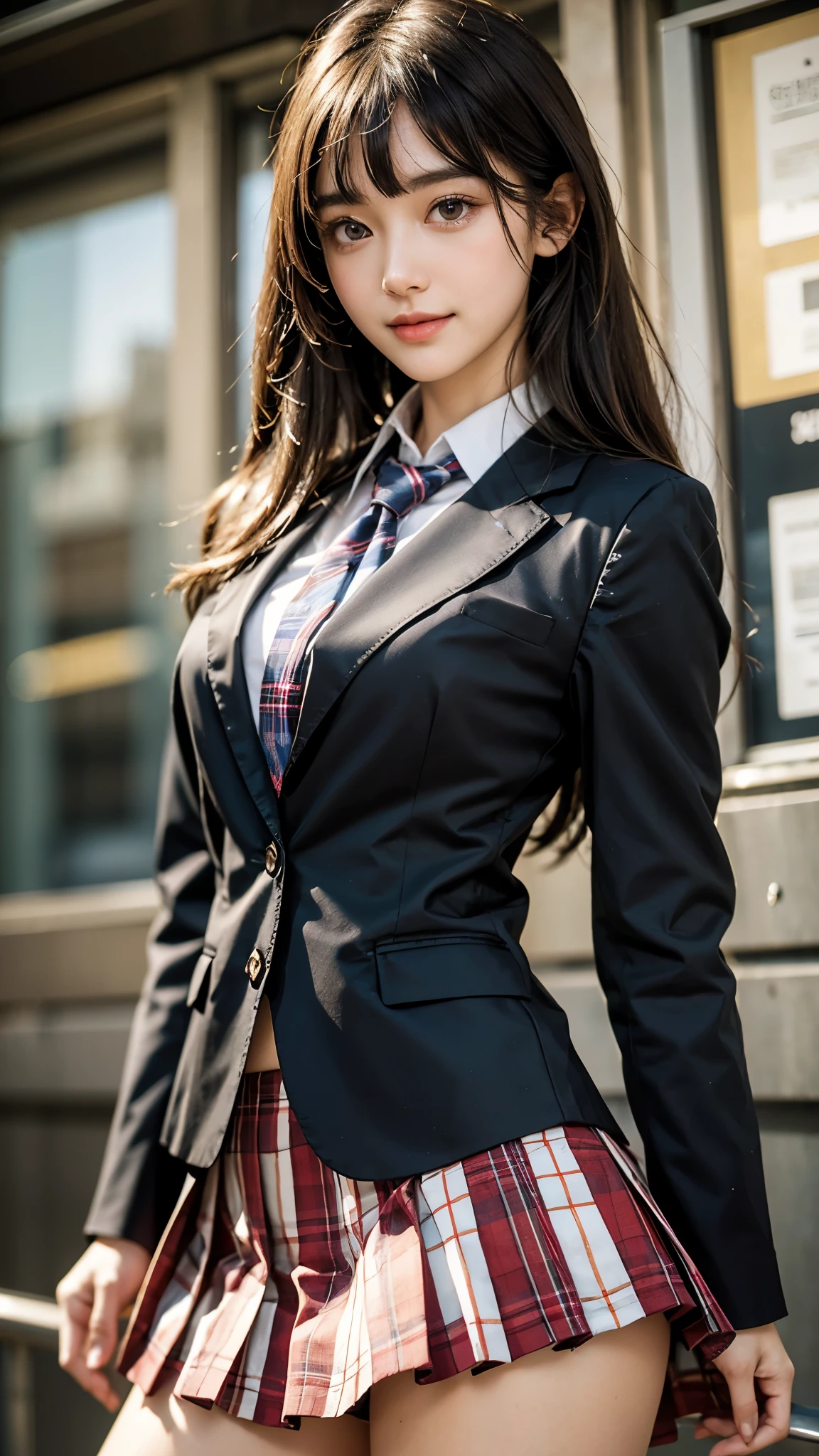 (Beautiful Woman Photo)
(Mastepiece:1.3),Slim Body,Beautiful Japanese girl,((Smile)),Beautiful face,(Lifelike face),Beautiful delicate eyes,((High School Uniform Blazer,Red checked pleated skirt)),Realistic eyes,Beautiful skin,Realistic skin texture(Real Skin)Radiant Skin,Professional Lighting,((Jet black, glossy, straight)),((Short bangs)),Black T-shirt,Mid-chest,High resolution,Sharp Focus,Ultra high definition eyes,