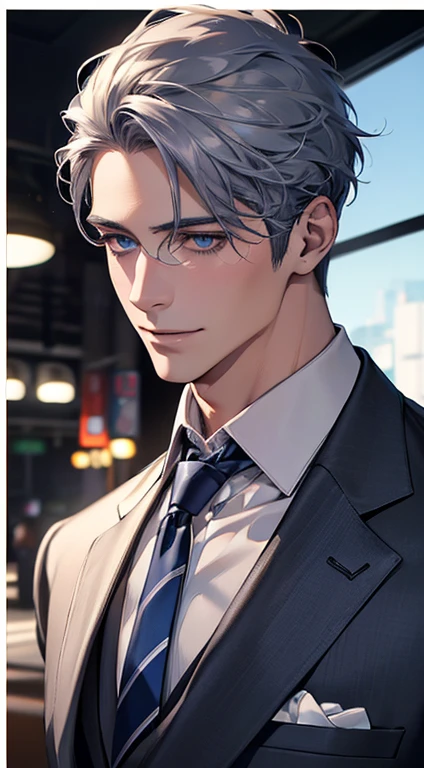(Highest quality,4K,8K,High resolution,masterpiece:1.2),Super detailed,(Realistic,photoRealistic,photo-Realistic:1.37),1 person,31 years old,Mature Men,Beautiful skin, very handsome,Expressionless,smile in love,Short gray blue hair,blue eyes,Sharp Eyes,A perfect face without a doubt,Businessman, CEO,Office Background,Cinema Lighting,HDR image,tie、