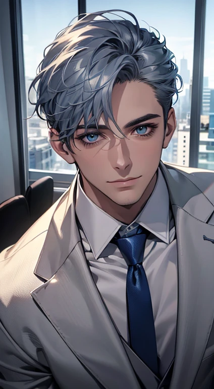 (Highest quality,4K,8K,High resolution,masterpiece:1.2),Super detailed,(Realistic,photoRealistic,photo-Realistic:1.37),1 person,31 years old,Mature Men,Beautiful skin, very handsome,Expressionless,smile in love,Short gray blue hair,blue eyes,Sharp Eyes,A perfect face without a doubt,Businessman, CEO,Office Background,Cinema Lighting,HDR image,tie、