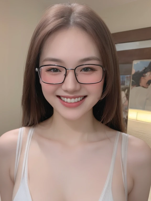 (realistic、masterpiece、Best Quality、8K、highres、high resolution:1.3)、1 glasses girl、 Huge breasts、smile, white bikini、pale white skin、looking at viewers、super fine face and eyes、long hair、indoor、 upper body、