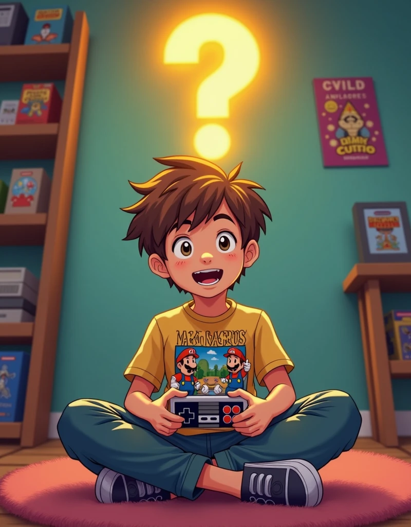 Create an avatar of a boy playing a Super Nintendo. The boy should be sitting, holding a classic Super Nintendo controller, focused on the game. Above his head, place a bright yellow glowing question mark, symbolizing curiosity or wonder. The overall style should be playful and capture the essence of retro gaming.