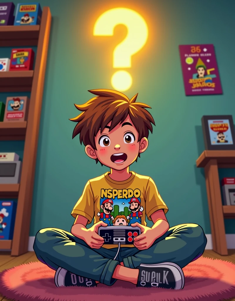 Create an avatar of a boy playing a Super Nintendo. The boy should be sitting, holding a classic Super Nintendo controller, focused on the game. Above his head, place a bright yellow glowing question mark, symbolizing curiosity or wonder. The overall style should be playful and capture the essence of retro gaming.