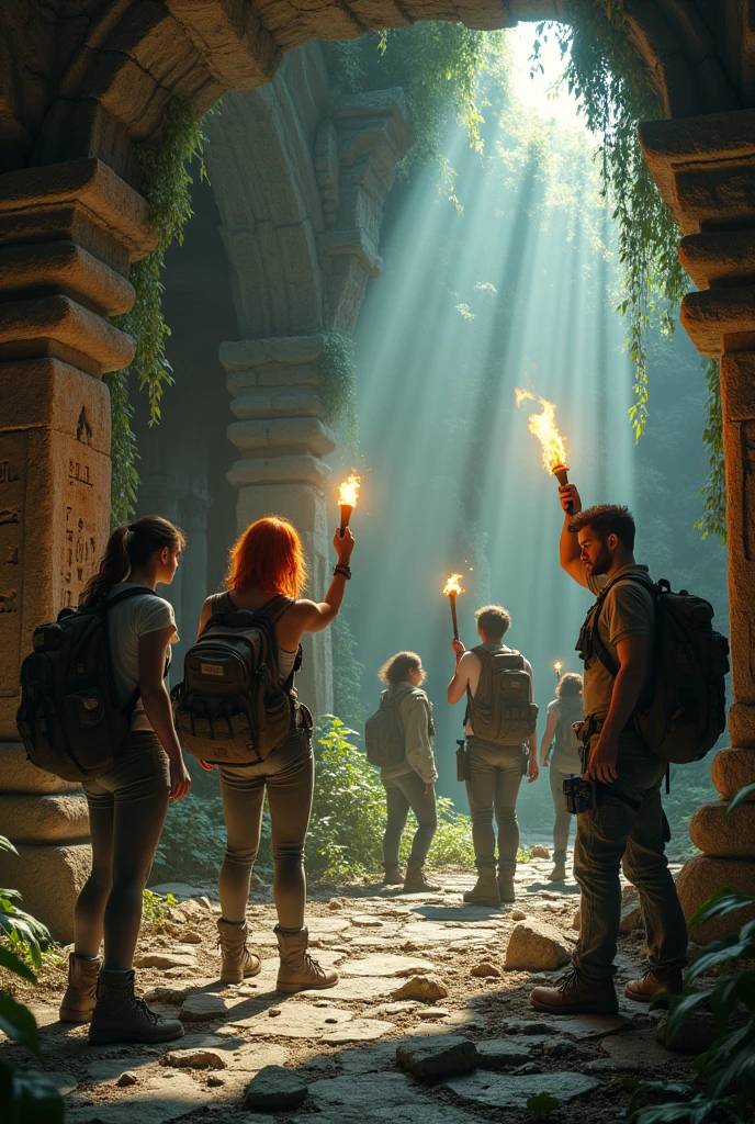 (photorealism:1.2), three women and three men are searching for clues in the abonded temple.