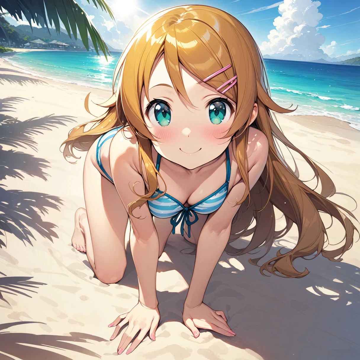 (masterpiece),(Highest quality),(Very detailed),(Best illustrations),(Best Shadow),(Absurd),(Detailed Background),(so beautiful), kirino kousaka, Blonde, Long Hair, Hair Clip, Green Eyes, bangs, View your viewers, whole body, smile, Shyness, On all fours, Sandy Beach, blue sky, sun, Kawaii Swimsuit, bikini, Striped pattern,