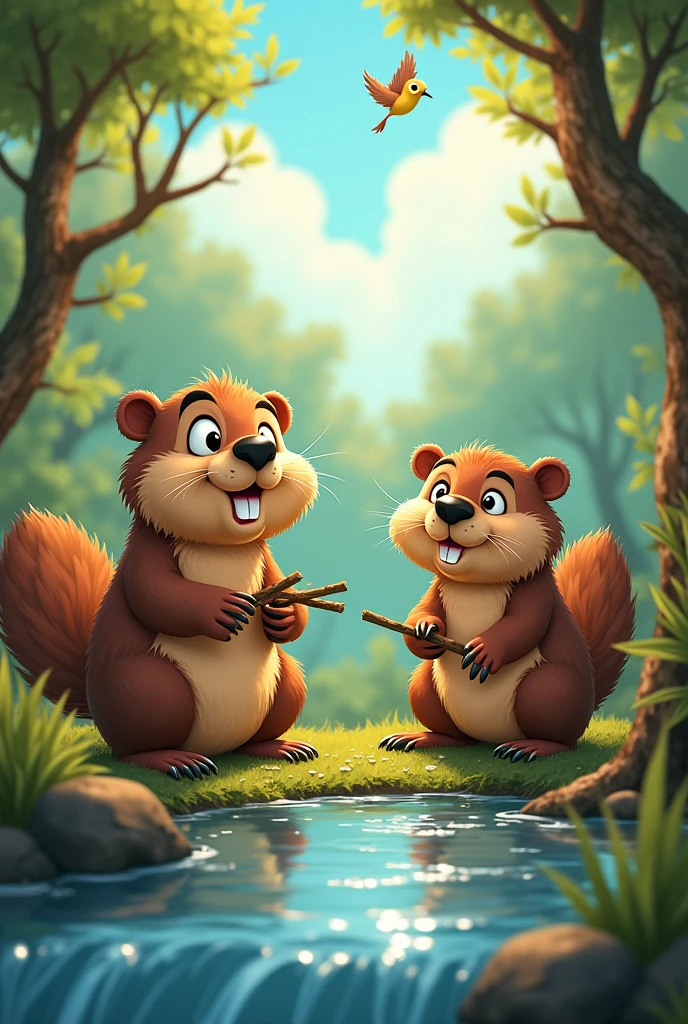 Make me a couple of beavers remembered that they have to get up and they start making a base for their new house ,with cartoon drawing