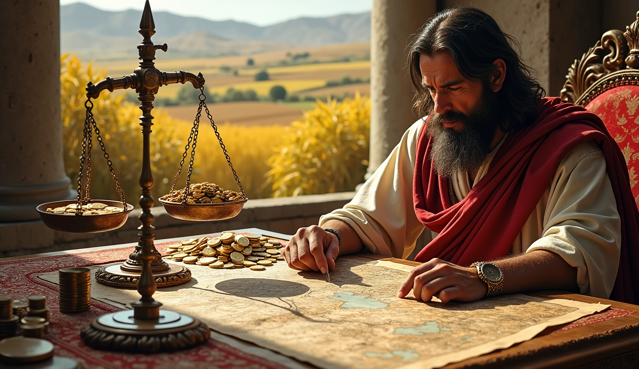 Create an image of Solomon in a biblical setting where he is sitting at a planning table, surrounded by old maps, parchments and measuring instruments. Show Solomon with an expression of wisdom and concentration, strategically planning the future. Beside him, an ancient scale is balancing two amounts of riches: one side represents &#39;diligence&#39; with a pile of coins and resources, and the other side represents &#39;precipitation&#39; with a declining pile. The background should show a contrast between a prosperous field and a barren field., symbolizing that careful planning leads to abundance, while lack of planning results in shortages.