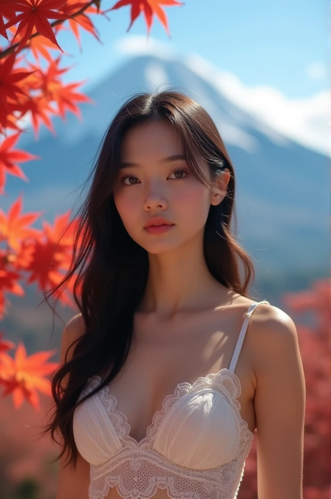 A young woman with soft, luminous skin and delicate features poses against a Fuji Mountain with red maple in the background. Her dark hair cascades around her shoulders, framing expressive eyes that gaze directly at the viewer. She wears a delicate white lace bralette, and her hands are clasped together in front of her chest. The overall feeling is one of gentle innocence and quiet confidence. The lighting is soft and diffused, highlighting the smooth texture of her skin and the delicate details of her clothing