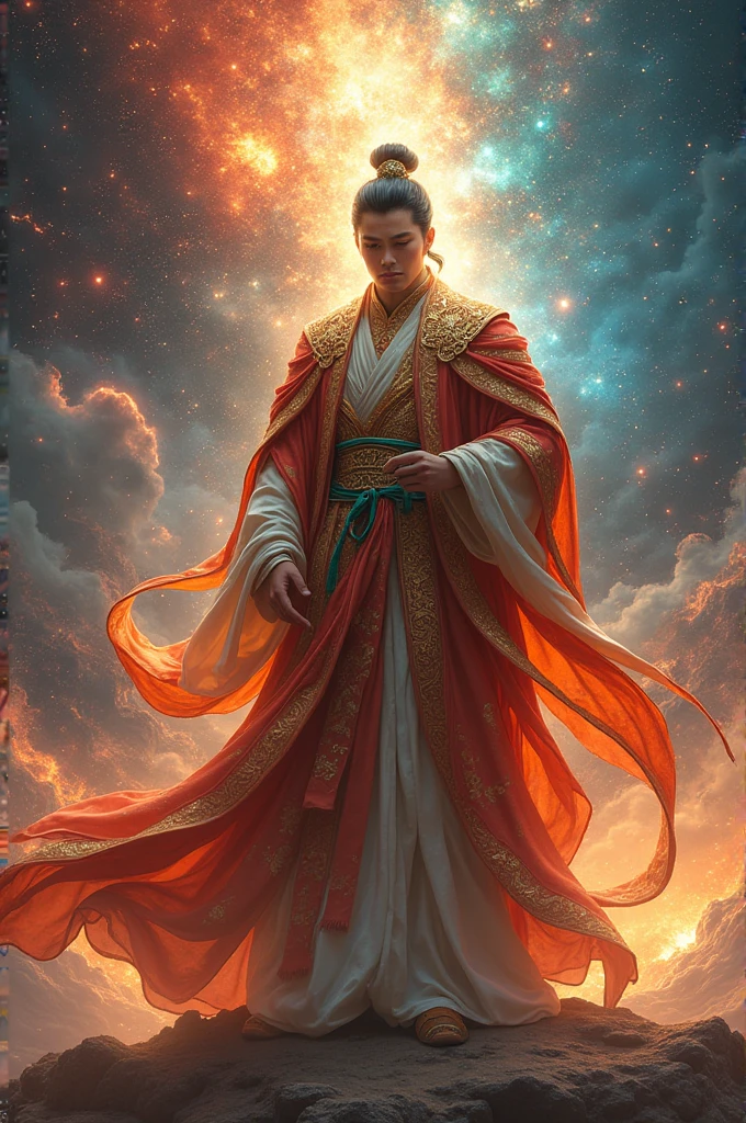 A xianxia protagonist stands dignifiedly in outer space, dressed in majestic traditional Chinese clothing with a mystical aura. He watches with a sharp gaze the destruction of the galaxy in front of him, against the backdrop of burning stars and nebulae. Cosmic energy swirls around, creating dramatic atmosphere and full of supernatural powers