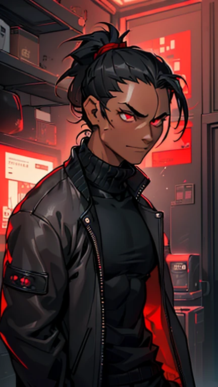 (detailed), (((Chico))), (Arabic characteristics), ((gray wool jacket)), ((black fur rizado Ponytail hairstyle)), ((Ponytail hairstyle)), (calm face), ((by the width)), ((coffee boots)), (((whole body))), ((in a cyberpunk room)), ((male)), (gray turtleneck sweater), ((only one person)), (at night), terror, ((eyes glowing red)), In the dark, ((black fur)), ((((red skin color)))), demon tail