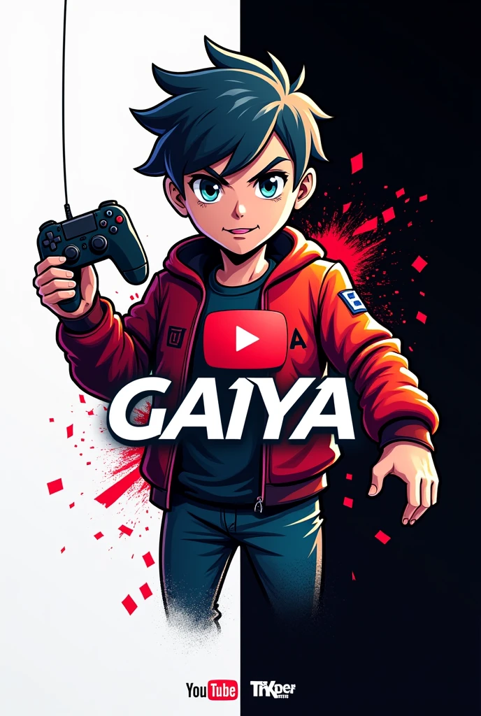 Youtube logo make Name is Gaming with Gaiya. Black and white. Game control. Color half man