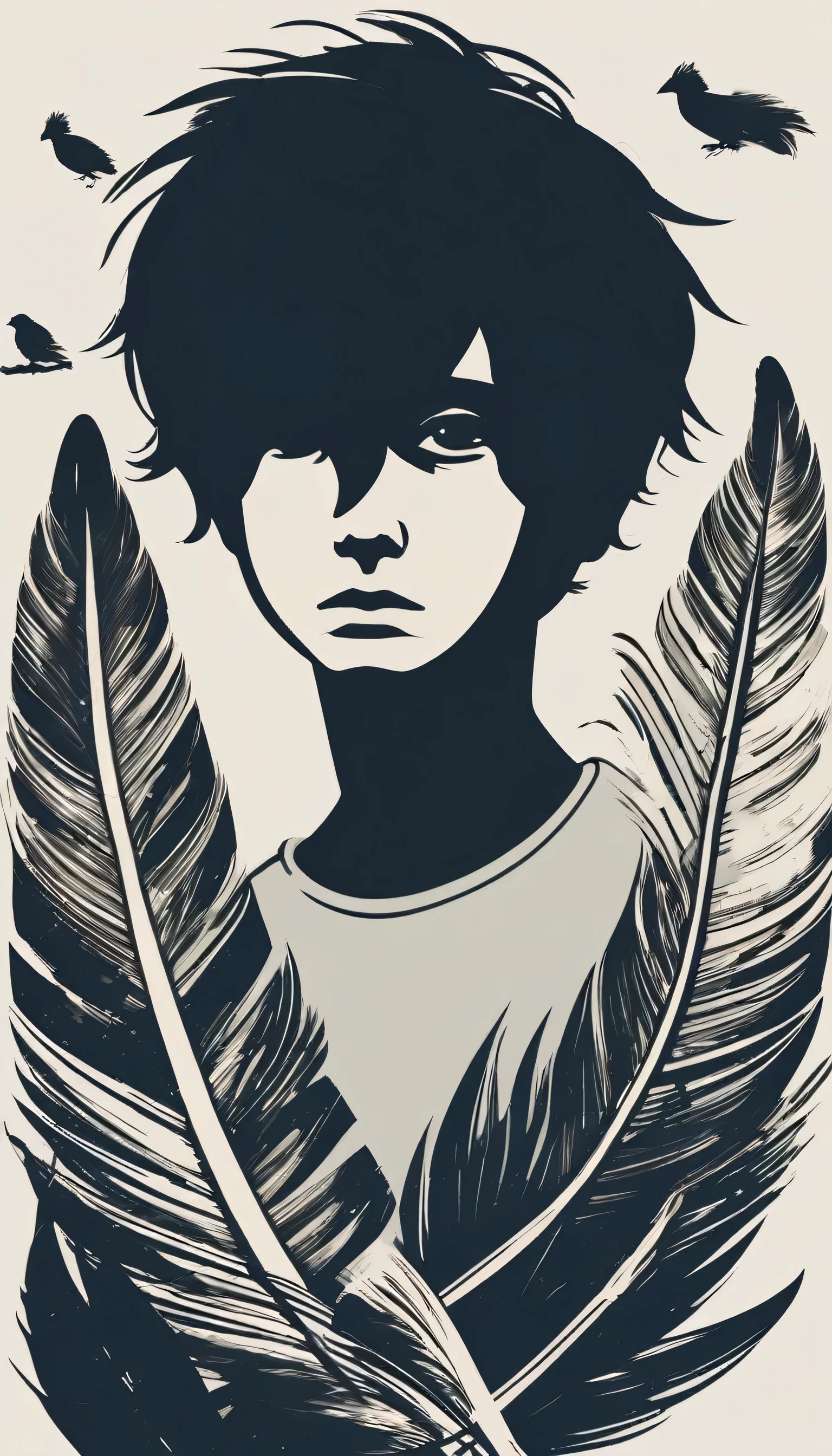 A minimal, modern, simple, cinematic logotype of a boy with a head full of feathers for the brand “Penamemoria" .