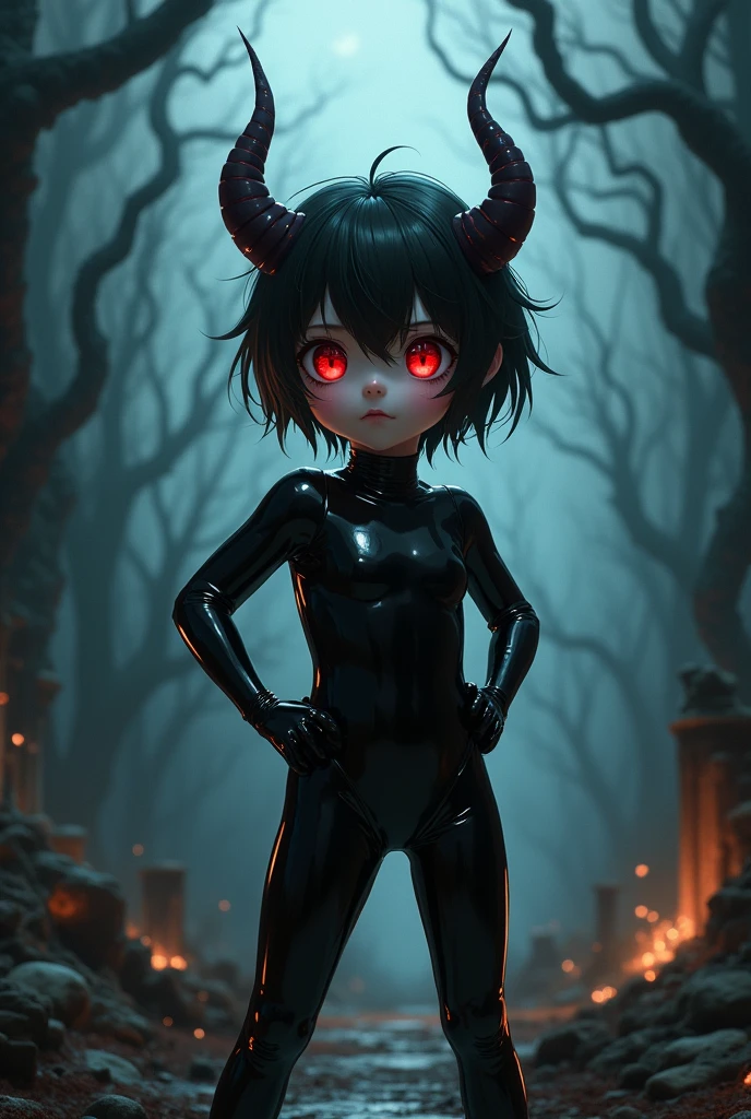 Demon Souls, , shotacon, pose sexy, horns, Red eyes, by white, black latex suit ANIME, drawing 