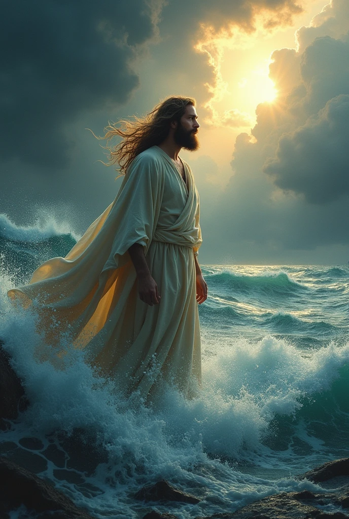 man with long hair and beard in the clothes of Jesus crossing over the turbulent sea with violent waves rainy and cloudy weather dark texture in the background sun coming out
