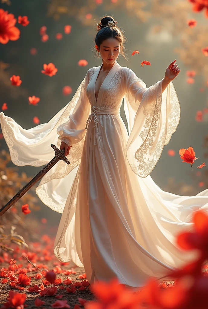 Full body, a wuxia character Xiaolongnü ((Little Dragon Girl)) inspired by a Chinese wuxia novelist Jin Yong, looking at viewer, most beautiful woman, elegant, slim body, perfect hand, white hanfu silk dress, dress with lace engraved, white inner long pants, white knot, White Belt, veiling, white Xiaolongnu boots, she looks exactly like the real person in Gushe, with graceful appearance and noble spirit, fairytale, magical, (She is holding this magical sword has a blade of gleaming steel, inscribed with arcane runes that glow with a faint blue light. The hilt is wrapped with black leather and adorned with a silver pommel). Flying on the tree, in fighting position, magical, fairytale, energy element, light force, full body, God style, fairytale, fantasy, circle lighting, petals, flowers, colorful, dark amber divine background, Chinese style gorgeous low-cut Ninja stealth suit (Pink Theme, badge pattern, breasts exposed), gorgeous hair accessories, realistic ism, realistic skin, clear soft skin, skin detail, pores, particles, large breasts, art,DonMQu4n7umZ3r0XL
