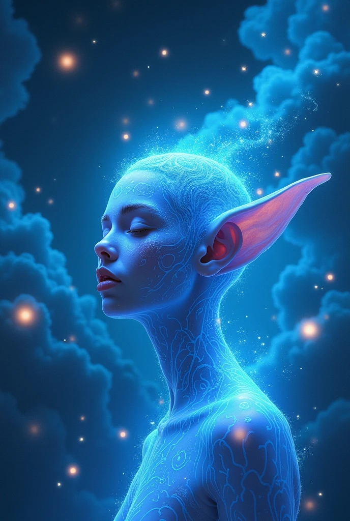 Supernatural realistic neon blue tones spiritual ears drawing