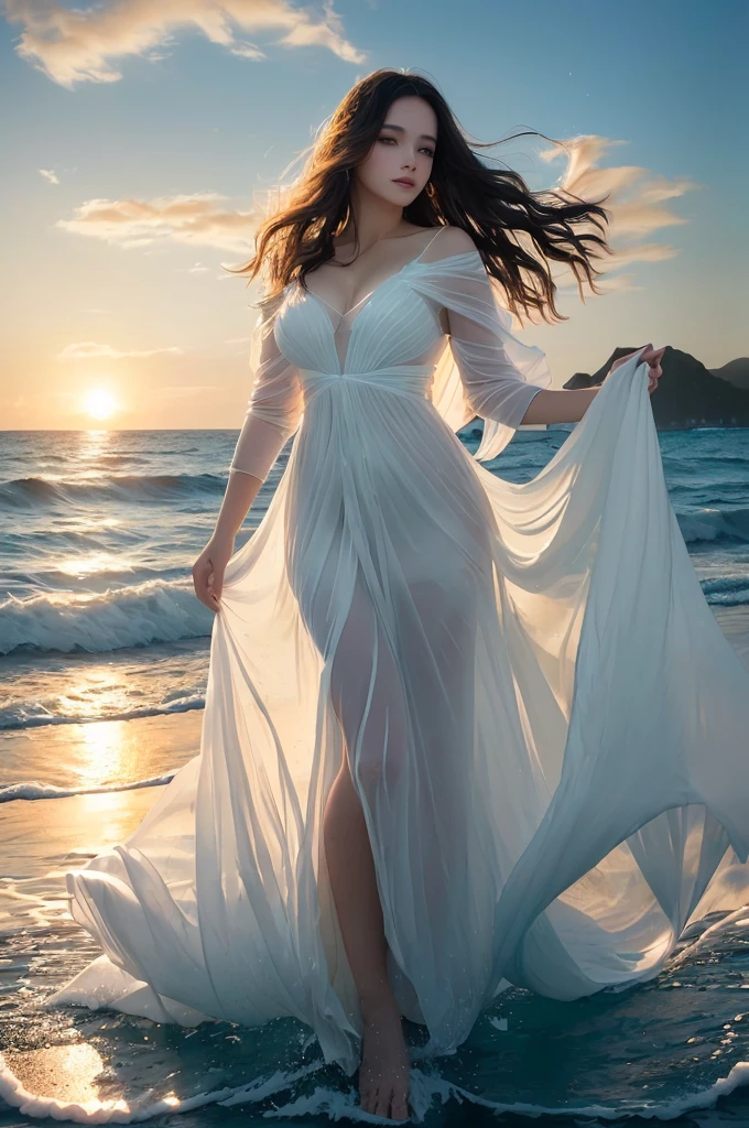 Woman in white dress standing on the beach,waves crashing on the shore, wearing a Clothes made of water, ethereal beauty, Ocean Goddess, elegant dress, Ocean Goddess, Clothes made of water, beautiful goddess, Real photography of the Queen of the Ocean, Semi-transparent dress, flowing robe, Fantasy dresses, Fluid magic robe, Beautiful digital art work, Inspired by Magalie Villeneuve ,sunset,低角度sunset強光透射薄紗