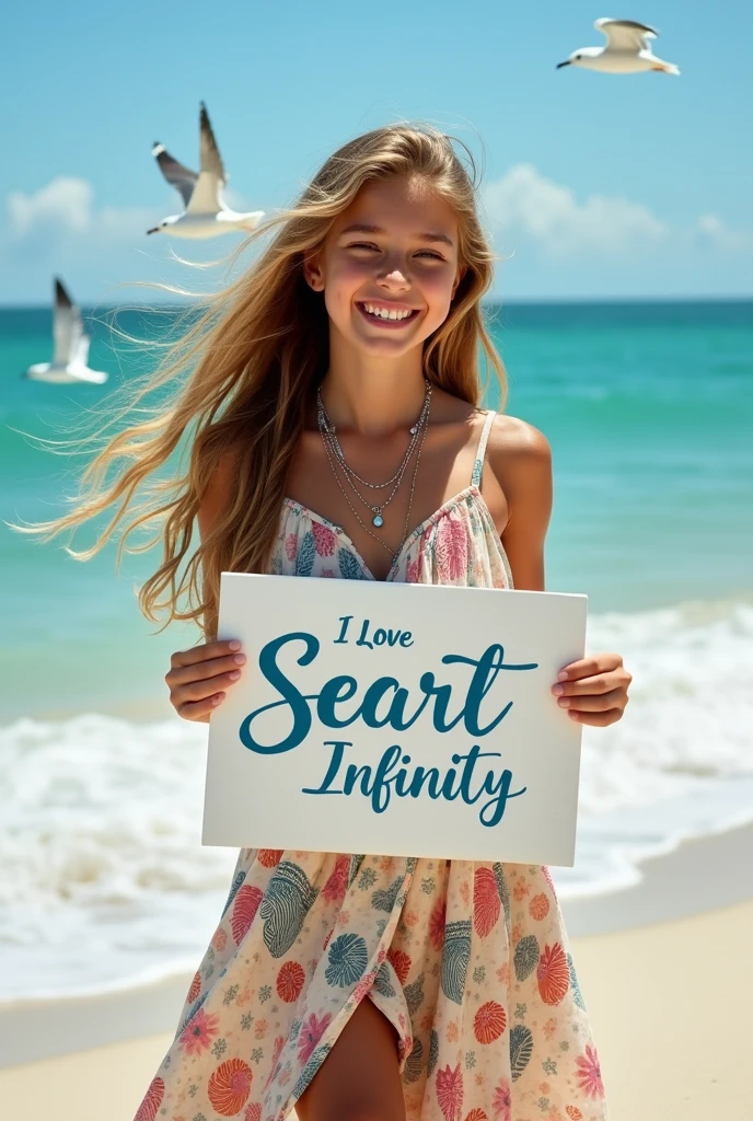 Beautiful girl with wavy long hair, bohemian dress, holding a white board with text "I Love Seaart Infinity" and showing it to the viewer