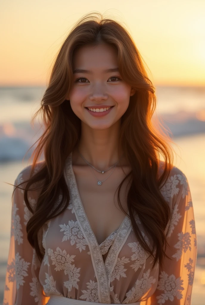 8K, (Surrealistic: 1.35), (realistic: 1.4), 1 Beautiful Japan Girls, smile, One, light makeup, masterpiece, excellent quality, high quality, puberty, (((Super Micro Bikini)))、 ((perfect body)), ((best image quality)), ((time)), ((very delicate and beautiful)), ((Very shallow depth of field)), nffsw, ((incredibly shallow depth of field. familiar with)), (((very delicate and beautiful))), (((Very shallow depth of field))), nffsw, (((incredibly absurd))), (((perfect body))), (((dye hair blonde )))), (((long hair)))), (((Camera Eye))), (((small))), (((幸せな最高のsmile))), poor, Own + background, dynamic angle, female focus, {particles of light}, detailed background, ((paul hedley)), soft lighting, (dramatic) sunset), sunset, very beautiful sunset, live action, realistic, top angle, かわいいsmile, (background blur), 18-year-old, skinny, ((strong wind)), ((movement ))), ((emotion)), ((colorful)), ((baby face)), ((beautiful teeth)), Withering, ocean background、