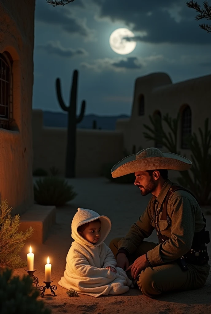 (photorealism:1.2), Child in the darkness of the night with a white blanket suit and a straw hat from the colonial era in Mexico and with a soldier talking