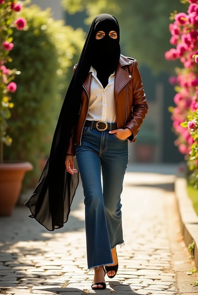 completely hidden face misterious white arabic woman wearing 2 eye holes black ski mask covering mouth and nose, without hair, black silk head scarf, green eyes, brown biker leather jacket, white formal button down blouse, wide leg denim pants, walking on the garden, high hill sandals, sunny day