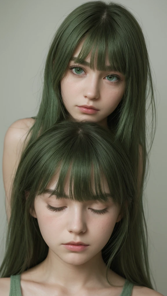 a girl. European. Extremely detailed face. Oval face. Delicate facial features. Half-closed eyes. Long straight hair. Messy hair. bangs. Green hair. Green eyes. very angry. sad. Shy