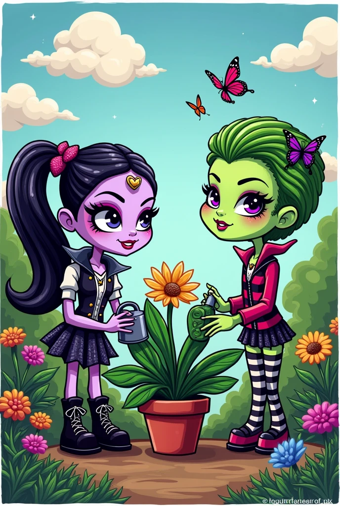 Give me some sticker-type images of Monster High taking care of plants and in nature