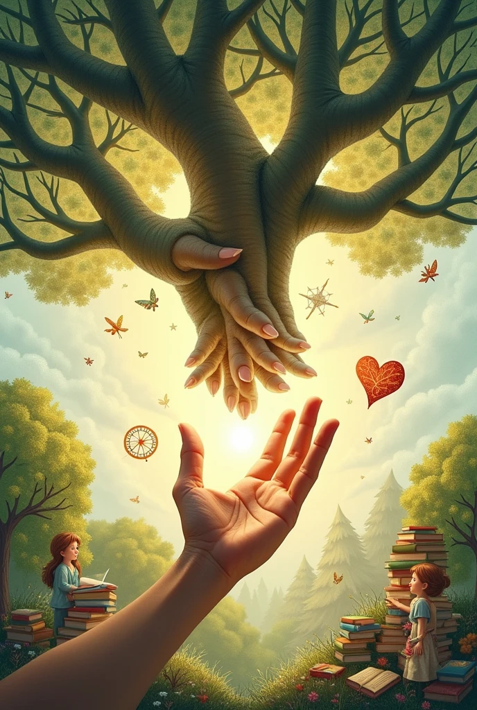 Create for me a picture of a hand reaching out for help and a second hand holding it. With a background of a tree with branches and around you will put images of objects of a compass, heart, children, books