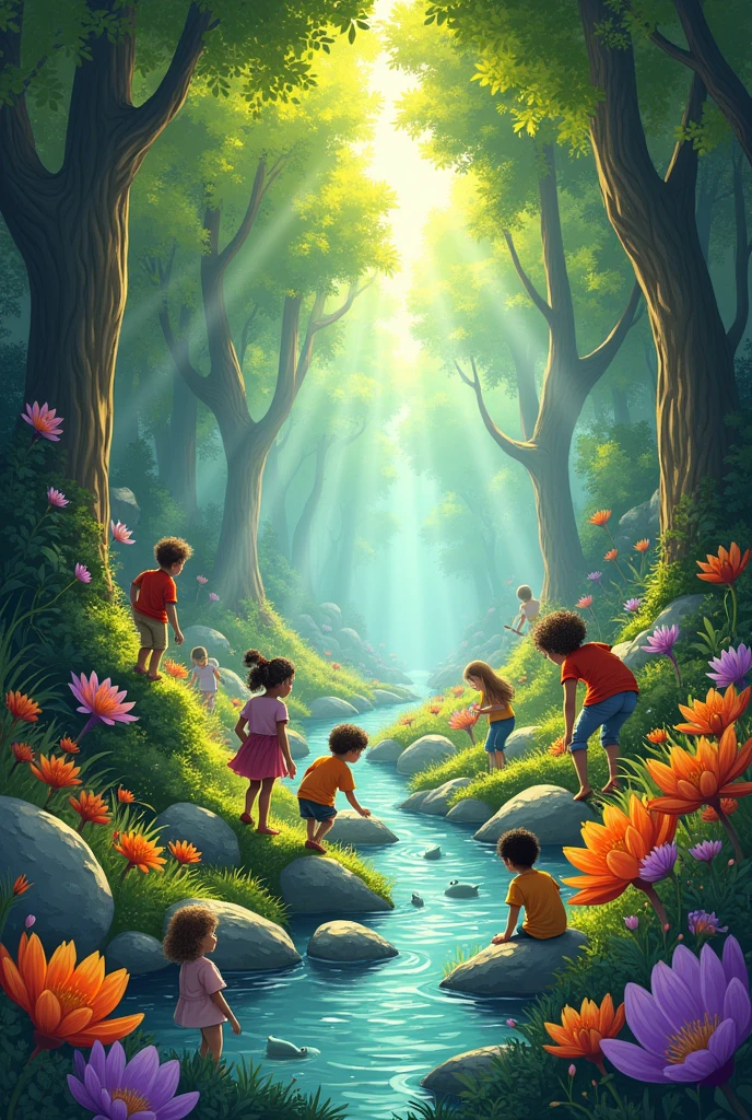 A cover for an ANTHOLOGY of short stories . I want an image of a colorful forest and lots of illustrations of children exploring the forest..