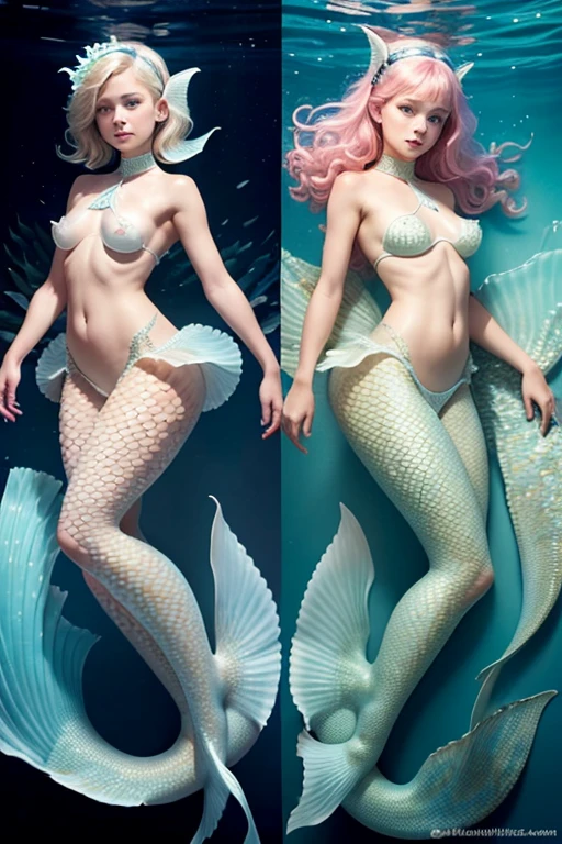 A sexy 13-yr european girl is illuminating(( wearing a fish head band))(( wearing transparent illuminating mermaids costume sexy full body detail anatomy figure)), wearing transparent two piece scally detailed on skin, wearing scally fish like skin texture body, lifting up plump pussy , wavy pink short m hairstyles from the flow water, ((having fish tails instead of toes))( fish fins ears))(scally fish arms, torso, bottom, face, neck, shoulder & legs))((showing face near camera)) (accurate details of hands & fingers)) hard big errect nipples, open legs splitting position,exposed pussy line, exposed illuminating panties, exposed pussyline, smiling with teeth exposed. Sparkling gray eyes, charms, face details & fucos skin texture colored white, swimming under the ocean showing corals, urchins, fish, turtle, whale, bubbles of air for accurate background masterpiece ((with illuminating full white crystalline gemstone illuminating fish like scales skin textured all over her body)) ((with gills)) swimming with ocean current waves under the sea,( many different perspective view character profile , front view, side view, rear view, of same face & clothing girls posing deferent angle))(( perfect details of mermaid body and tail fin anantomy))