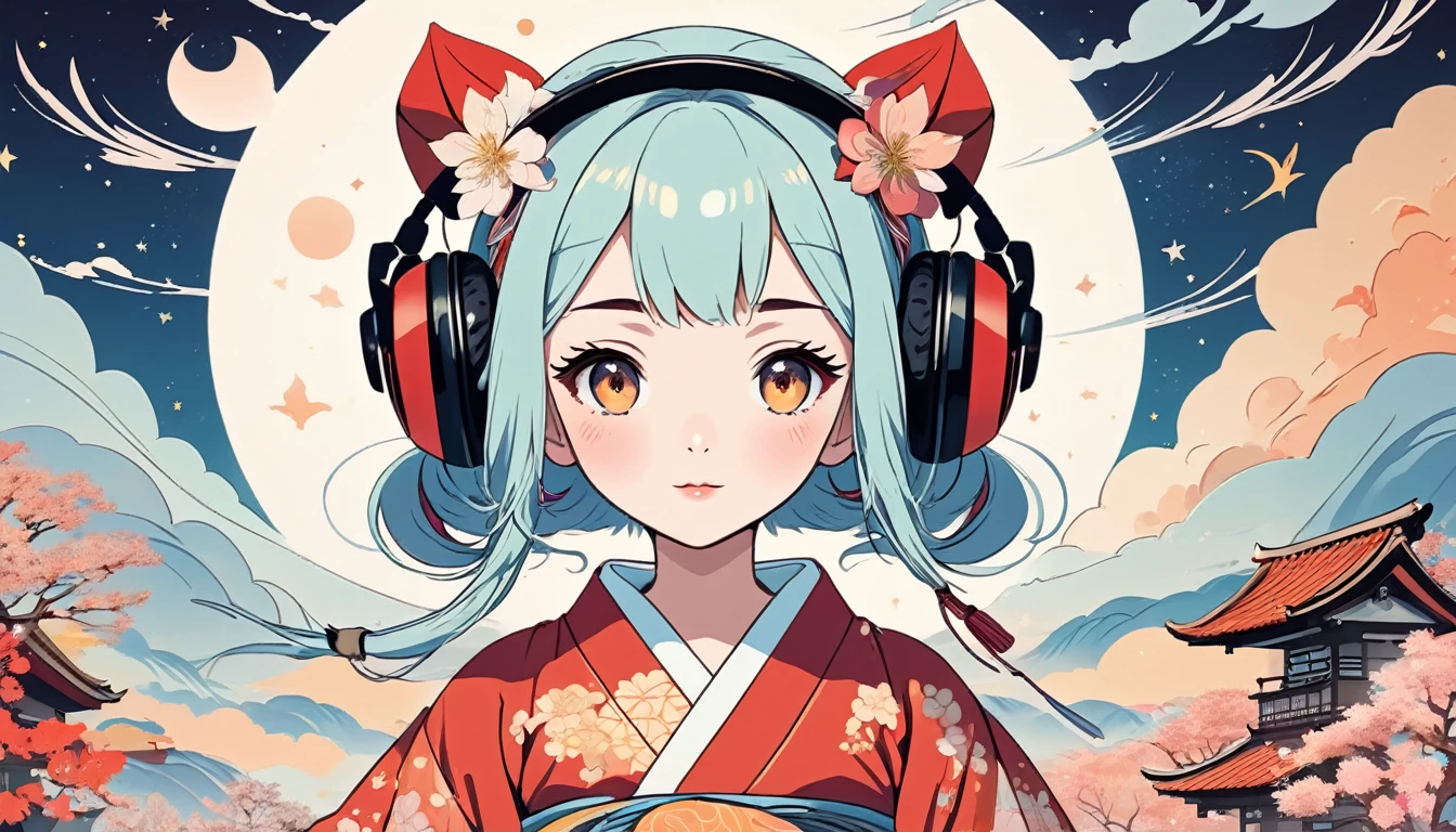 Japanese style headphones、Oiran、Wide-angle lens, Lofi Anime, Lofi illustration, Aesthetic atmosphere, Lo-Fi Style, Vector art, Flat Design, Simple shape, Warm tones, Pleasant atmosphere, Chill, In anime style, Digital drawing, Vector art, Vector logo for t-shirt printing, (Adorable:1.5), (small:1.4), (Playful:1.2), (soft:1.3), (Whimsical:1.1), masterpiece, Highest quality, 8k, Intricate details, grow, Celestial, Mysterious, Picturesque, amazing, Majestic, Magic, Fantasy art, Cover art, dream-like