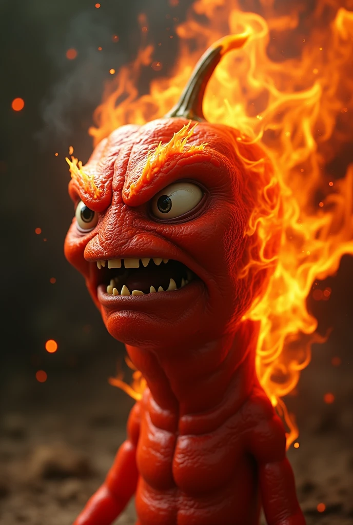 a chili pepper creature with fire shooting out of its mouth, angry expression, highly detailed, 8k, hyperrealistic, 3d render, studio lighting, dramatic lighting, vibrant colors, fiery orange and red colors, steam and smoke effects, intricate texture, photorealistic, volumetric lighting, cinematic composition, award winning digital art