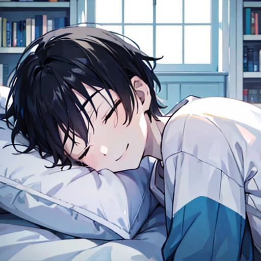 Watercolor, pale colour, One person, Holding a stuffed bear, Upper body shot only, Black short hair, Focus on the upper body, He is wearing a white sweatshirt with blue stripes., Black shorts, He smiles gently., He is sleeping in bed., Bookshelf