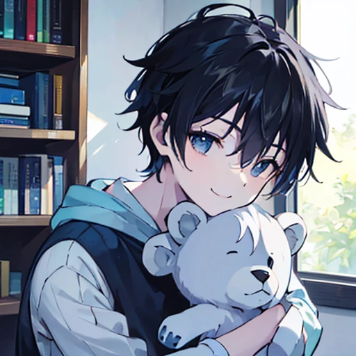 Watercolor, pale colour, One person, Holding a stuffed bear, Upper body shot only, Black short hair, Focus on the upper body, He is wearing a white sweatshirt with blue stripes., Black shorts, He smiles gently., He is sleeping in bed., Bookshelf