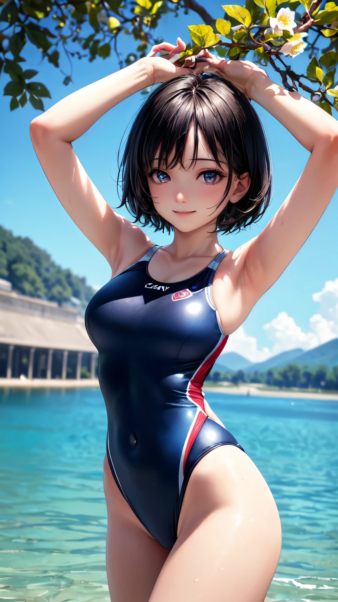 ((masterpiece,best quality,ultra detailed,high resolution)),(daytime,clear weather,bloom),((solo,cowboy shot)),(beautiful-woman),(black hair,short hair),(beautiful detailed face,beautiful detailed eyes,fair skin),light smile,(competition swimsuit,navy swimsuit),(on the lake,beautiful sky),arms up behind,