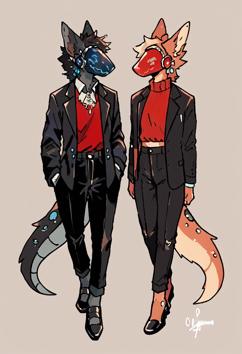 Beautiful profile portrait of dark chestnut brown furry Protogen wearing a fire red sweater, elegant black pants, black shoes, Elegant black jacket and details on the protogen visor in red