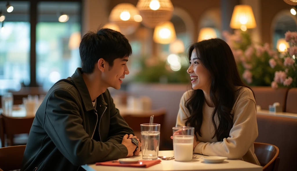 Two Japanese male and female university students dressed in fashionable clothes are talking with bright expressions,Excited, Photo of your face, In a stylish restaurant, with a natural look, With a slightly tired look, tilt your face a little, Diagonal orientation, Average face