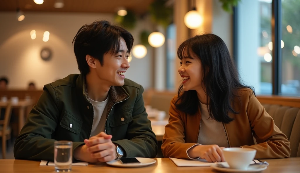 Two Japanese male and female university students dressed in fashionable clothes are talking with bright expressions,Excited, Photo of your face, In a stylish restaurant, with a natural look, With a slightly tired look, tilt your face a little, Diagonal orientation, Average face