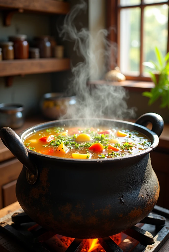 Iron pot with boiling chicken broth