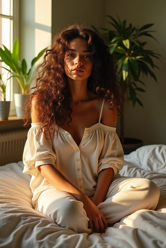 (photorealism:1.2), beautiful woman, sitting on bed, wearing loose off-shoulder top, pajama pants, long curly hair, indoors, soft lighting, plants in background, window with sunlight, cozy room, relaxed pose, realistic, intricate details, warm colors, by Greg Rutkowski, by Alphonse Mucha