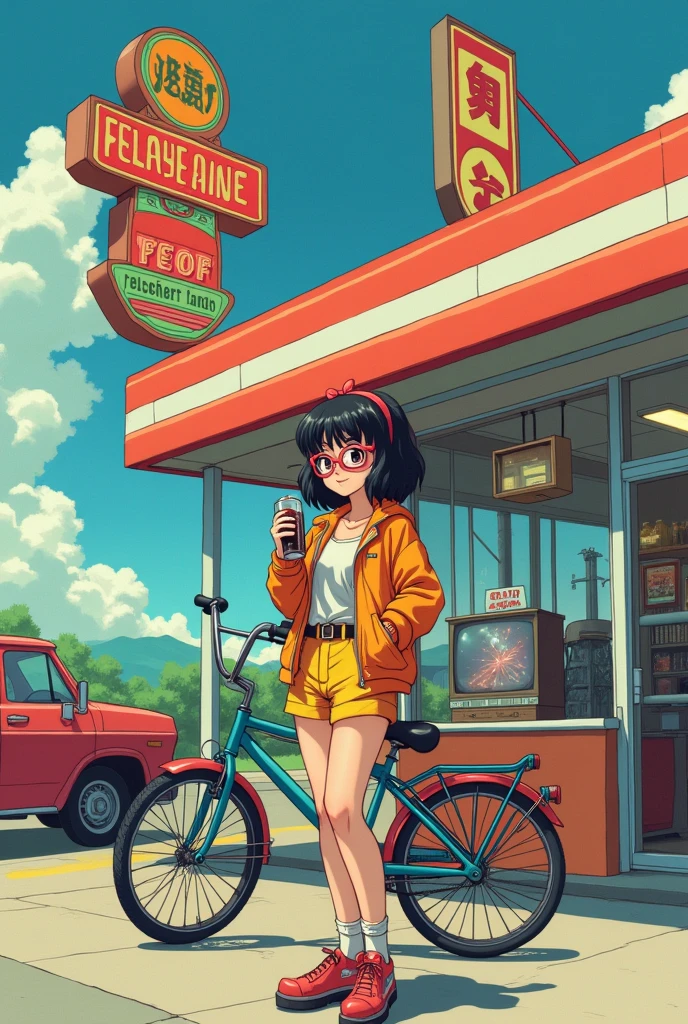 Retro arcade anime girl, 80年代のAnime atmosphere, 80s animation style, retro anime girls, 1980's anime style, Retro anime images, Anime atmosphere, Drinking cola, In front of the supermarket, Bicycle in the background, TV in the background. Truck in the background