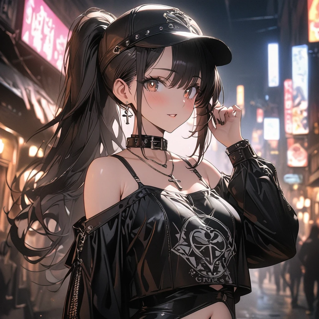 (((anime))) One woman,Gal,Black Hair,ponytail,Wear a black cap,Heart symbol,Pink Earrings,necklace,(cross),Collar with spikes Cool,Look this way,Brown eyes,Big pupils Black drop shoulder,I can see your shoulders,Short clothes,I can see my belly button,Black Skirt,Black Stockings Night,City of night,signboard,Street lamp light,Backlight,dazzling,A slightly blurry masterpiece,Highest quality,Exquisite,8k,Absurd,Ultra-fine illustrations,(View your viewers)