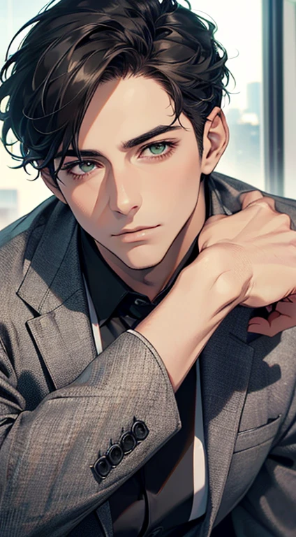 (Highest quality,4K,8K,High resolution,masterpiece:1.2),Super detailed,(Realistic,photoRealistic,photo-Realistic:1.37),1 person,35 years old,Mature Men,Beautiful skin、very handsome,Expressionless,Short gray Black hair,green eyes,Sharp Eyes,A perfect face without a doubt,Businessman, CEO, Office Background,Cinema Lighting,HDR image,tie、